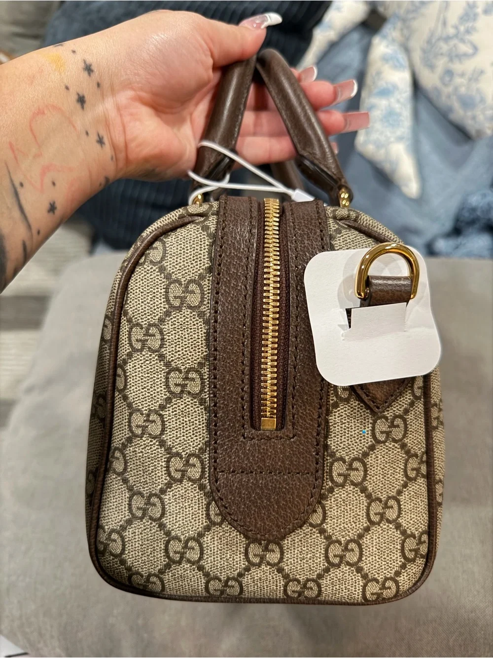 Gucci Brown GG Supreme Satchel with Green-Red Web Stripe
